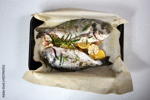 Two unbaked fresh dorada in a dish, decorated with lemon and spices. Dorado recipes, white background photo