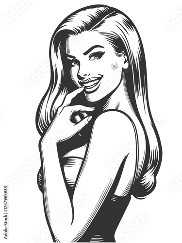 Playful smiling beautiful young woman flirty biting her finger sketch engraving generative ai fictional character vector illustration. Scratch board imitation. Black and white image.