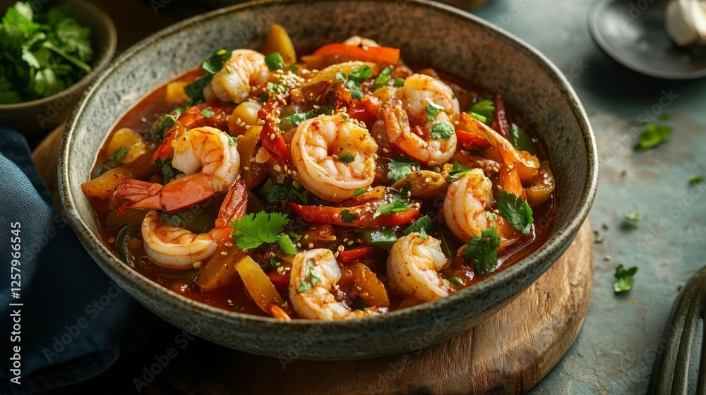 A Korean-style spicy seafood stew (Jjamppong) with shrimp, squid, and vegetables in a rich, spicy broth, served in a ceramic bowl A Korean-style spicy seafood stew (Jjamppong) with shrimp, squid, and vegetables in a rich, spicy broth, served in a ceramic bowl