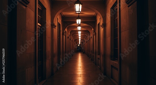 Illuminated Arched Corridor with Lanterns Creates Atmospheric Architectural Perspective