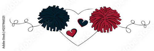 love - red and blue pom poms, continuous line - sport vector graphics, cheerleaders, football, hockey, baseball - art illustration - multicolor -