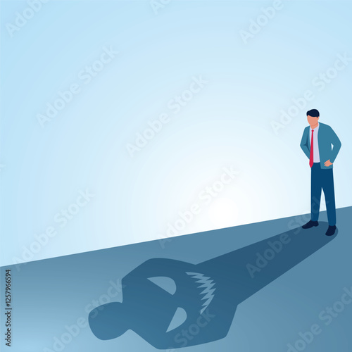 A man stands looking at his shadow which is a monster. Illustration for fighting yourself, self-confidence and being positive.