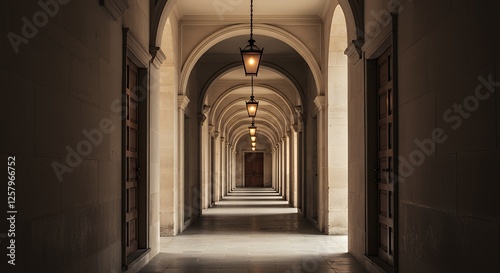 Arched Stone Hallway with Hanging Lamps and Wood Doors