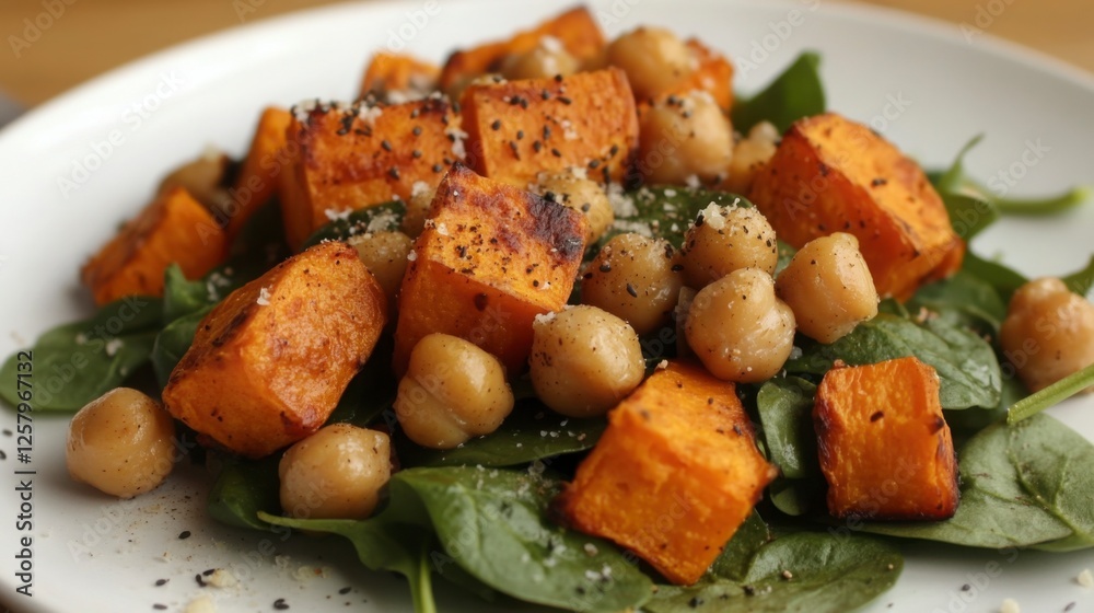 A nutritious roasted sweet potato salad with chickpeas, spinach, and tahini dressing, elegantly arranged on a modern white plate A nutritious roasted sweet potato salad with chickpeas, spinach, and tahini dressing, elegantly arranged on a modern white plate