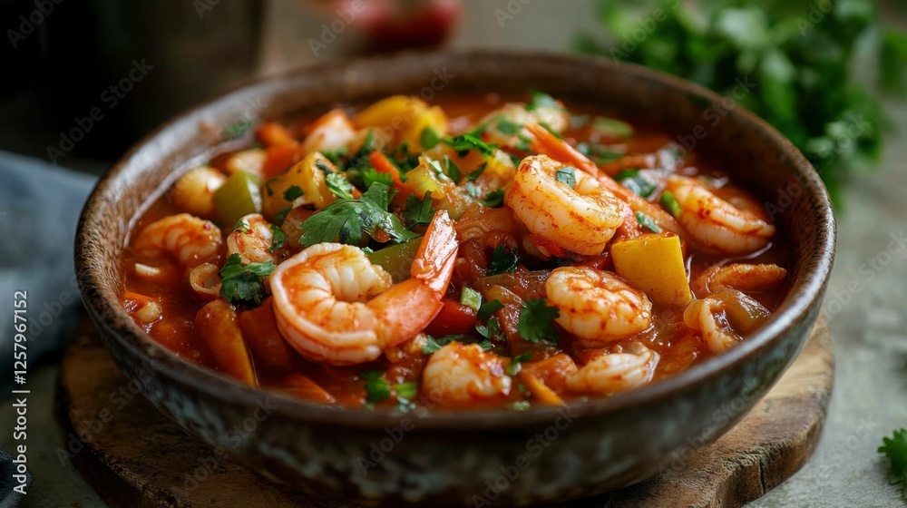 A Korean-style spicy seafood stew (Jjamppong) with shrimp, squid, and vegetables in a rich, spicy broth, served in a ceramic bowl A Korean-style spicy seafood stew (Jjamppong) with shrimp, squid, and vegetables in a rich, spicy broth, served in a ceramic bowl