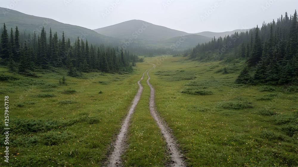 Fototapeta premium Mountain valley road, misty landscape, travel background