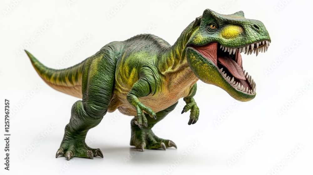 Full shot of a ferocious prehistoric reptile, rendered in vibrant green and yellowish hues against a stark white backdrop. The dinosaur is positioned Full shot of a ferocious prehistoric reptile, rendered in vibrant green and yellowish hues against a stark white backdrop. The dinosaur is positioned