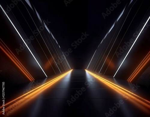 3d rendering of spaceship corridor neon glowing orange background futuristic. Cyberpunk concept. Scene for advertising, showroom, technology, future, modern, sport, metaverse. Sci Fi Illustration