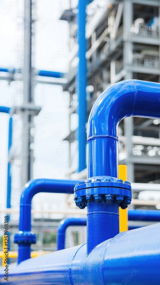 Industrial Blue Pipes and Flanges in Modern Refinery Plant Industrial Blue Pipes and Flanges in Modern Refinery Plant