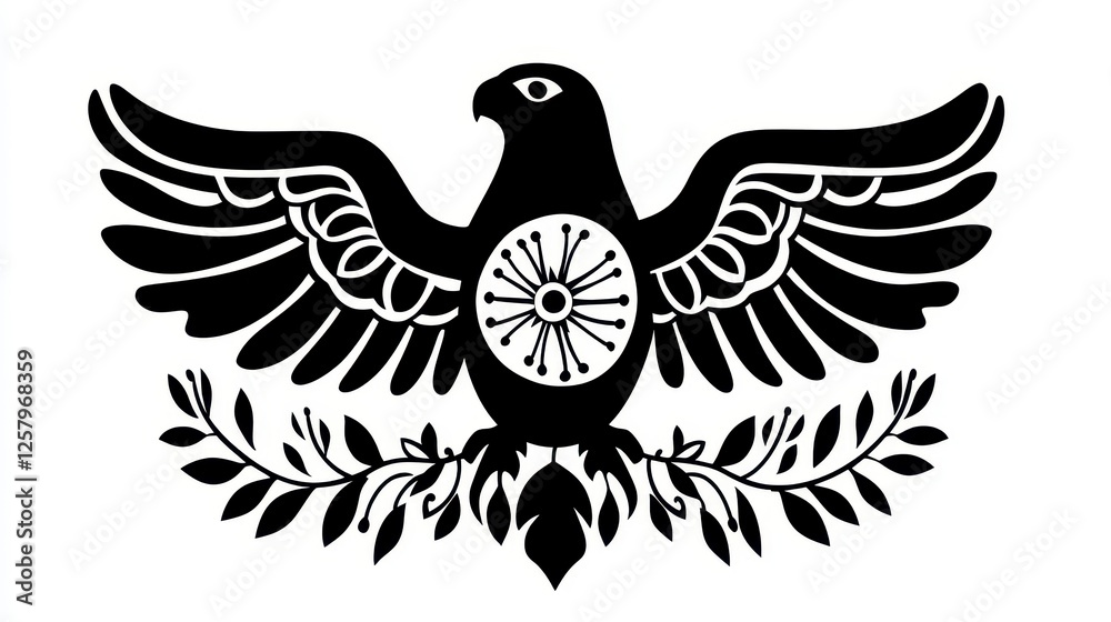 Obraz premium Monochromatic silhouette of a stylized bird with outstretched wings, encircled by a wheel like motif and laurel wreath. Simple, bold lines define the