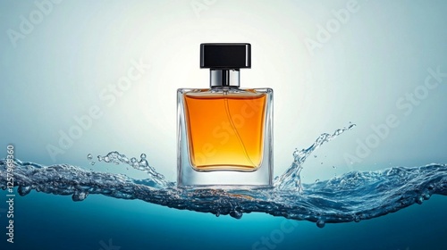 Elegant perfume bottle splashing in crystal-clear water, capturing the essence of luxury and freshness