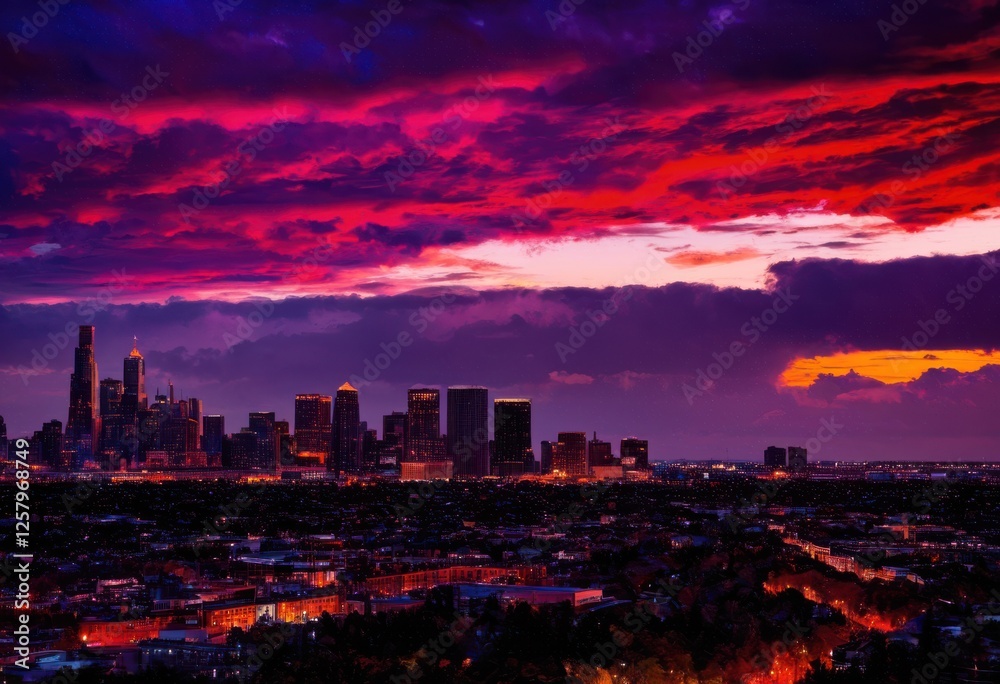 Obraz premium stunning urban skyline silhouettes dramatic twilight sky moody clouds vibrant colors, architecture, buildings, city, cityscape, metropolitan, landscape
