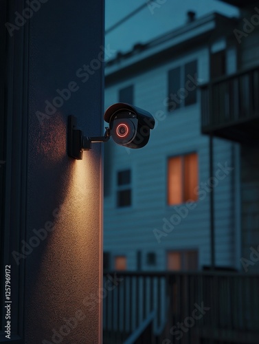 Outdoor security camera mounted on the side wall, overlooking a residential building at night.
