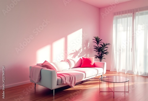 Pink sunlit living room, modern sofa, plant, calm