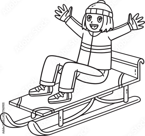 Sledding Girl with Hands in the Air Isolated 