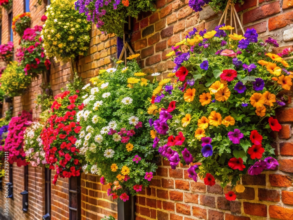 Naklejka premium Charming Brick Wall with Vibrant Hanging Flower Baskets - Macro Photography Stock Photo