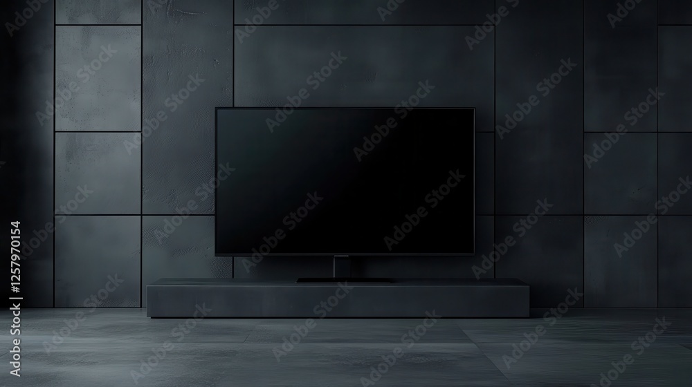 Fototapeta premium Meeting conference room with blank empty mockup tv screen monitor for advertising standing in modern contemporary office on black wall background. No people. Business technologies concept.