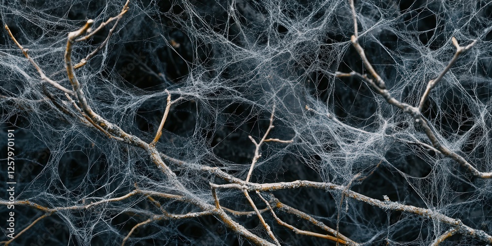 dry branches entwined with spider webs, with subtle shadows and soft light filtering through the foliage, creating a calm dry branches entwined with spider webs, with subtle shadows and soft light filtering through the foliage, creating a calm