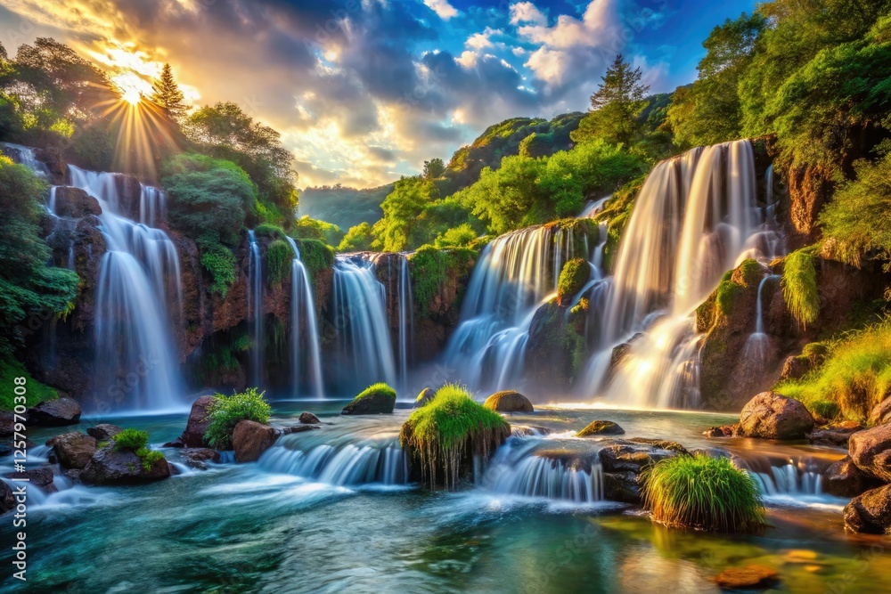 Fototapeta premium Majestic waterfalls cascade, a breathtaking panorama of rugged, wild beauty.
