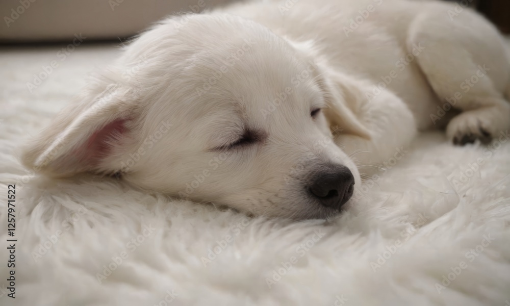 Adorable White Puppy Sleeping Peacefully on a Soft Fluffy Carpet Adorable White Puppy Sleeping Peacefully on a Soft Fluffy Carpet