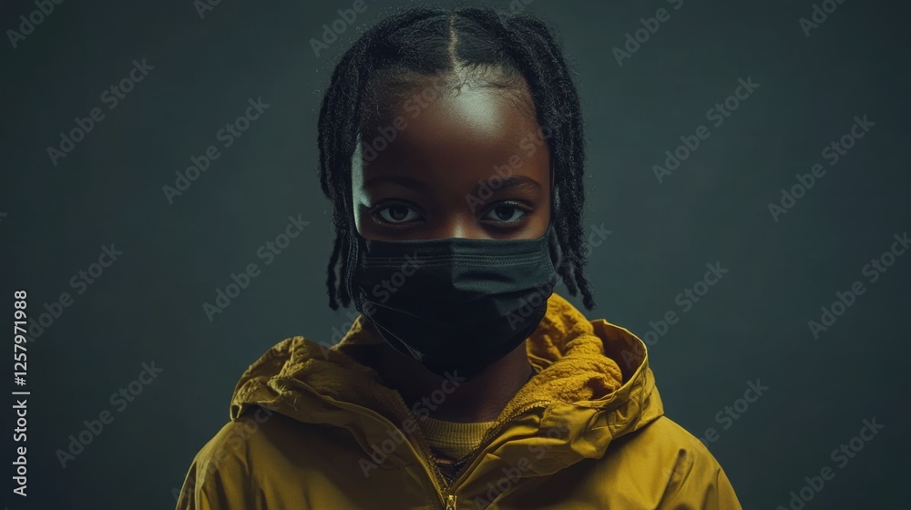 young black girl wearing a face mask and yellow jacket young black girl wearing a face mask and yellow jacket