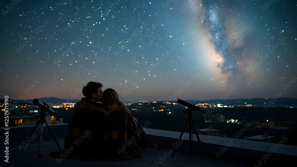 Cosmic Kiss: A silhouette of a couple shares a tender kiss beneath the celestial embrace of the Milky Way, a breathtaking panoramic view of a starry night sky. Cosmic Kiss: A silhouette of a couple shares a tender kiss beneath the celestial embrace of the Milky Way, a breathtaking panoramic view of a starry night sky.