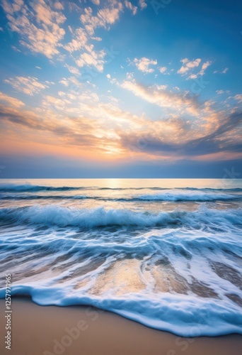 breathtaking view ocean waves flowing gently onto tranquil sandy shores beneath clear blue sky, aerial, beach, bayscape, coastline, cloud, foam, horizon photo