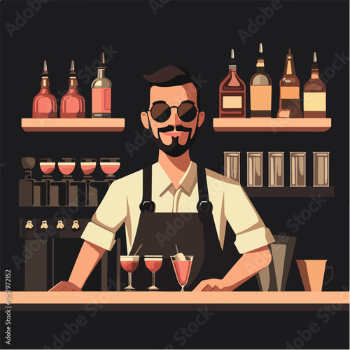 Illustration of a bartender at the bar counter. Male bartender.