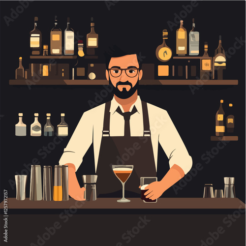 Illustration of a bartender at the bar counter. Male bartender.