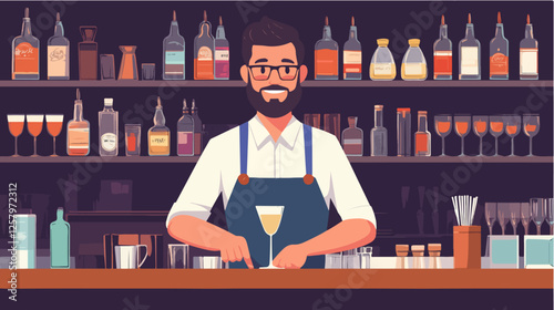 Illustration of a bartender at the bar counter. Male bartender.