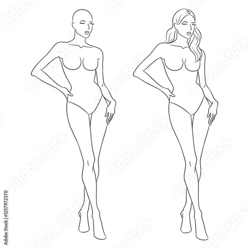 Eight-head fashion figure template. The female fashion croquis. Vector line illustration of a young woman wearing lingerie, isolated on a white background.