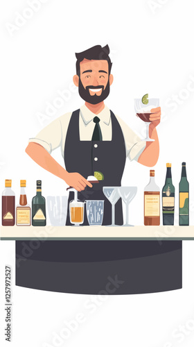 Illustration of a bartender at the bar counter. Male bartender.