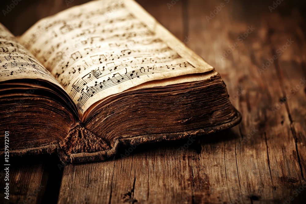 Obraz premium Antique Music Book Open on Weathered Wooden Surface Vintage Sheet Music