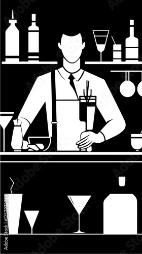 Black and white illustration of a bartender at the bar counter. Male bartender.