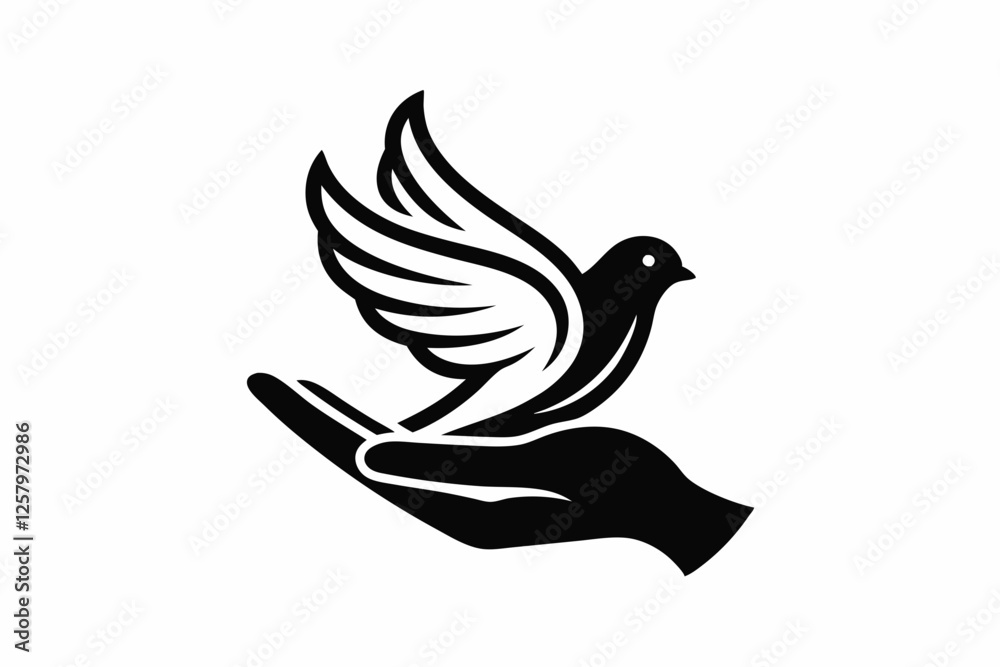 Fototapeta premium One-Line Dove in Flight – Peaceful Minimalist Silhouette Vector, Modern Line Art Dove Perched on Hand – Minimalist Peace Symbol Vector.