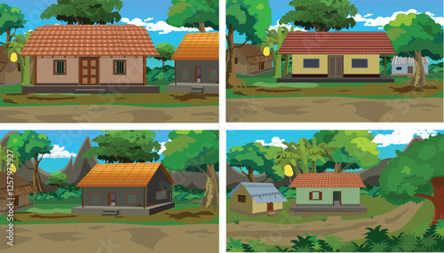 Set of rural village background vector illustration.Countryside house background collection