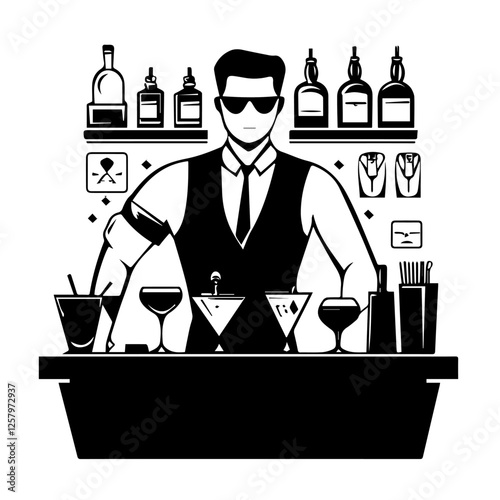 Black and white illustration of a bartender at the bar counter. Male bartender.
