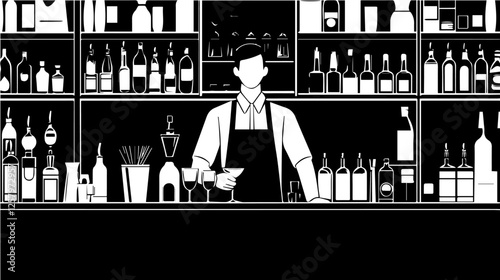 Black and white illustration of a bartender at the bar counter. Male bartender.