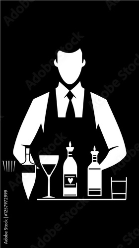 Black and white illustration of a bartender at the bar counter. Male bartender.