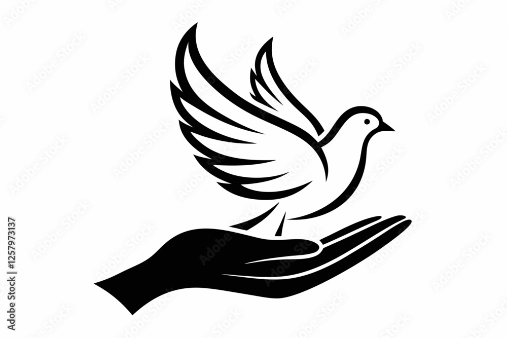 Fototapeta premium One-Line Dove in Flight – Peaceful Minimalist Silhouette Vector, Modern Line Art Dove Perched on Hand – Minimalist Peace Symbol Vector.