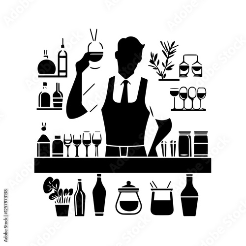 Black and white illustration of a bartender at the bar counter. Male bartender.