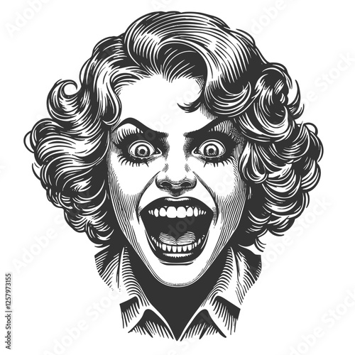 woman with wide eyes and an open mouth, conveying excitement, shock, or madness in a vintage style sketch engraving generative ai vector illustration. Scratch board imitation. Black and white image.