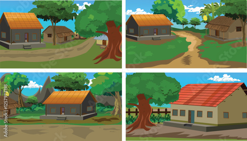 Set of different landscape background.Rural Roadside village background collection for cartoon animation