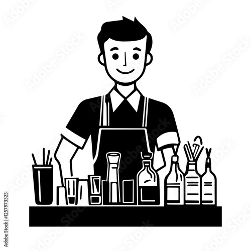 Black and white illustration of a bartender at the bar counter. Male bartender.