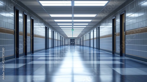Hallway with reflective blue-tinted floor and metallic walls