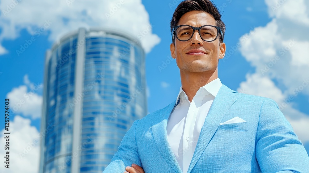 Fototapeta premium A man in a light blue patterned blazer, arms crossed, smiles confidently in front of a modern glass skyscraper. Outdoors, bright sunlight and partly