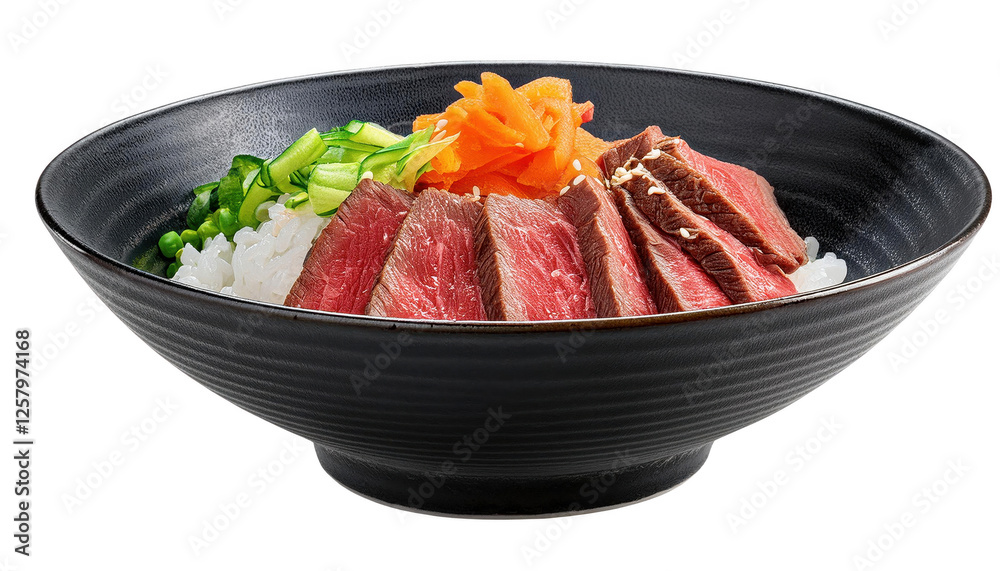 Delicious bowl of rice topped with sliced beef, vegetables, and colorful garnish.