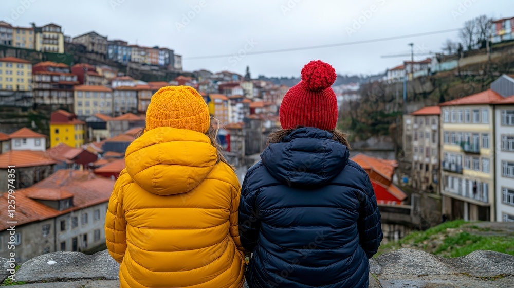Two people wearing bright yellow and navy blue puffer jackets, sitting back to back, overlooking a picturesque, colorful European town, situated on a Two people wearing bright yellow and navy blue puffer jackets, sitting back to back, overlooking a picturesque, colorful European town, situated on a