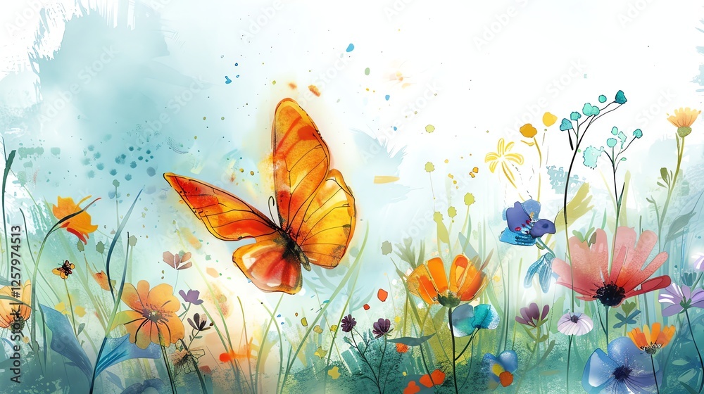 Fototapeta premium A watercolor painting of a butterfly flying over a field of colorful flowers.