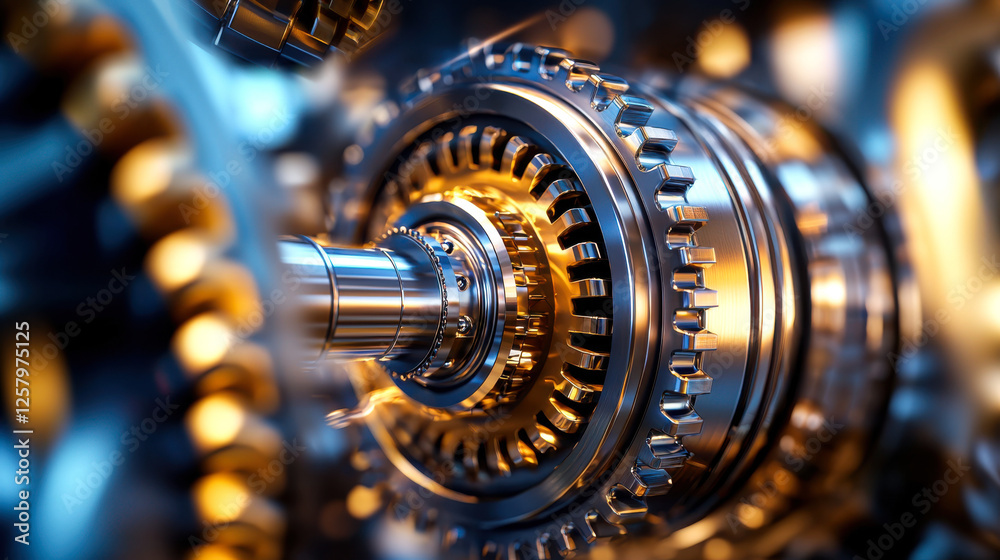 highly detailed view of metallic gears with intricate designs and reflections, showcasing engineering precision and highly detailed view of metallic gears with intricate designs and reflections, showcasing engineering precision and